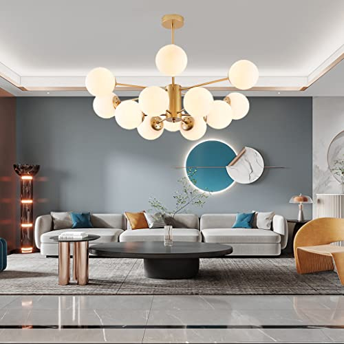 ENXING Pendelleuchte E27 Moderne Pendellampe Kreative Dekoration Wohnzimmer Kronleuchter Eisen Hängelampe Glaskugel Deckenleuchte Weißer Schatten Hängeleuchte Küche Esszimmer Bar,Gold,12 heads