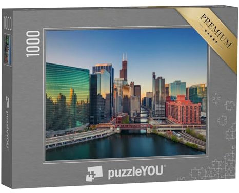 puzzleYOU: Puzzle 1000 Teile „Chicago in der Morgendämmerung, Illinois, USA“ – aus der Puzzle-Kollektion USA, Chicago, Amerika, Wolkenkratzer, Amerikanische Städte