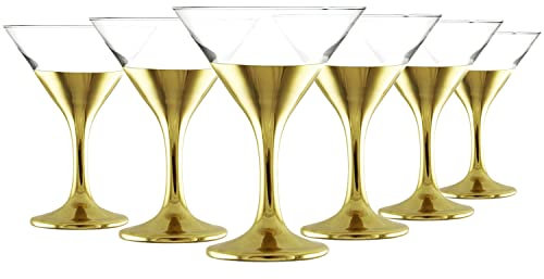 Roman Deluxe Martini Glasses Set of 6/ Round Coctail Glasses/Thick Stem/Decorated Glitter Gold Rim with Ornament/ 7oz - 200ml/ Gift Set in Box for Women or Men (Plain Gold)