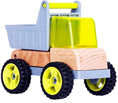 Udeas Kipplaster Holzfahrzeuge, Spielzeug ab 3 Jahre Junge, Mechanischer Kipplastwagen, Schwarze Räder und leuchtende Farben, Sandspielzeug Fahrzeuge aus Holz