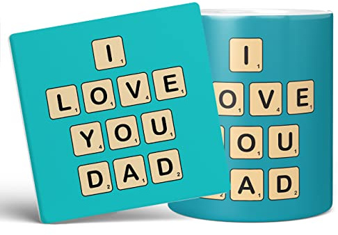 Mug Monster - I Love You Dad Mug, Word Game Themed Father's Day or Birthday Gift - Ceramic Coffee Cup, Gift for Men or Women, Extra Large and Giant Available, 20oz White & Coaster