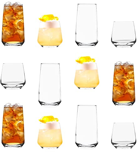 LAV 12pc Clear Lal Glassware Set - Mixed Glass Highball Cocktail Gin Glasses and Water Whiskey Drinking Tumblers