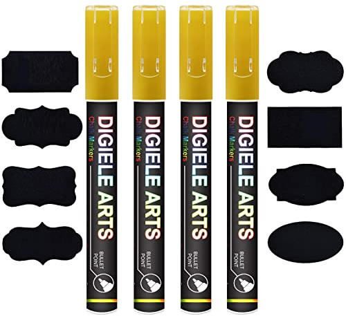 DIGIELE Kreidestift Gold, 4 Stücke Gold Kreidestifte 3mm + 16 Tafel Labels, Reversibel Dünne oder Mittlere Spitze, Trocken oder Feucht Abwischbare Flüssigkreide für Whiteboard, Tafel, Fenster & Glas