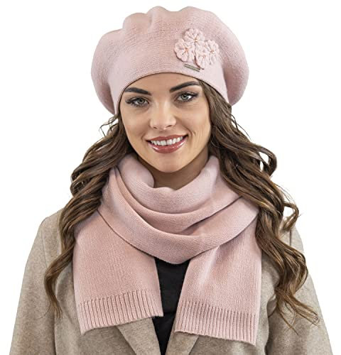 VIVISENCE Femme Béret Et Écharpe pour L'automne Et l'hiver Ensemble en Laine avec Application Florale Style Classique Confortable Et Élégant Parfait pour Lhiver Cadeau, Rose Clair,Taille Unique