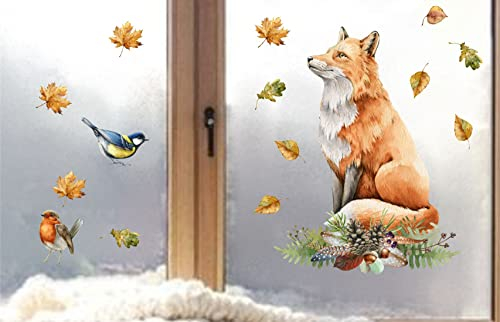 wolga-kreativ Fenstersticker Fensterbilder Glasdekorfolie Motiv Fensterfolie Fenstertattoo Herbst Fuchs Blätter Vogel Aufkleber Sticker Fenster Küche Kinderzimmer Wohnzimmer