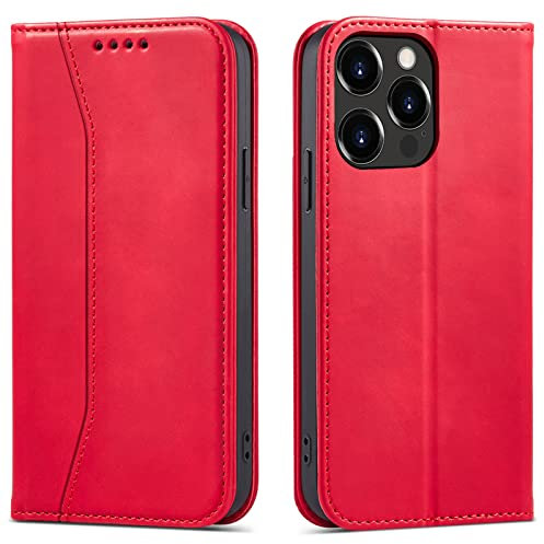 OKZone Kompatibel mit iPhone 13 Pro (6,1 Zoll) Hülle, Magnet Leder Tasche Handyhülle, Kartenfächer Schutzhülle, [Premium PU Leder] Flip Klappbare Stoßfeste Magnetische Standfunktion (Rot)