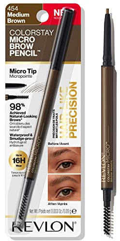 Revlon ColorStay Micro Eyebrow Pencil with Built In Spoolie Brush, Infused with Argan and Marula Oil, Waterproof, Smudgeproof, 454 Medium Brown, 0.003 oz