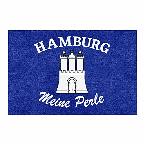 LA KO Waschbare Fußmatte 50x75cm - hochwertig Bedruckte Hamburg Fußmatte aus Deutschland (Hamburg blau)