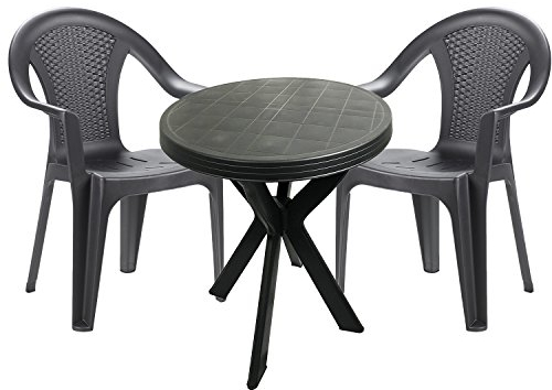 Mojawo Gartengarnitur Bistrogarnitur 3-teilig Bistrotisch Kunststoff Rund Ø70cm H72cm + 2 Stapelstühle Kunststoff Anthrazit