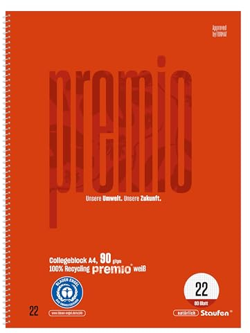 Staufen premio Collegeblock - 2 Blöcke je 80 Blatt, DIN A4, Lineatur 22 (5 mm kariert), 4-fach Lochung, 90 g/m² Recyclingpapier