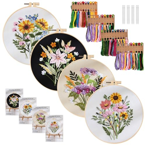 SUNOYA 4 Pezzi Ricamo Starter Kit, Kit per Ricamo con Motivo e Istruzioni, Ricamo Starter Kit Set da Punto Croce, Set da Ricamo per Principianti, Adulti e Bambini, Ricamato con Motivo a Floreale