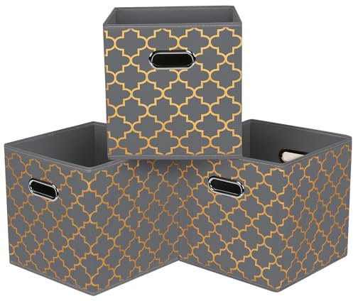 HEAYEEG Black Foldable Storage Cubes Bins, Fabric Storage Box Cubes Organizer Baskets with Dual Handles for Home Organizer,Set of 3,(Grey Gold)