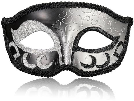 MYSEUNI 2024 Neue silberne männliche Maskerade Maske - Retro Venezianische Herren Maskerade Maske für Cosplay Halloween Party Karneval Mascarade Ball, Einheitsgröße, Schwarz/Silberfarben