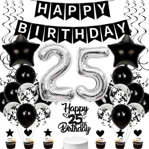 Conruich Luftballons 25. Geburtstag Dekoration - Schwarz Tortendeko für Mann, Folienballon Zahl 25 Silber, Deko für Frau, 25 Jahre Frauen Männer