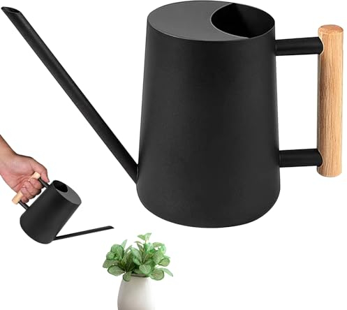 1L Regadera Pequeña Interior de Acero Inoxidable, Regadera con Boquilla Larga & Mango de Madera para Oficina Casa Moderna para Plantas en Maceta, Jardín de Hierbas, Flores y Plantas Suculentas|Negro