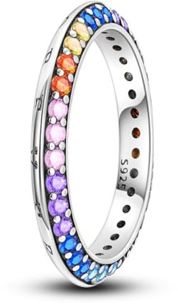 NARMO Ringe für Frauen - 925 Sterling Silber - Bunte Cubic Zirkonia - Druck Ring - Stapelbar - Größe 57mm - Eternity Ring