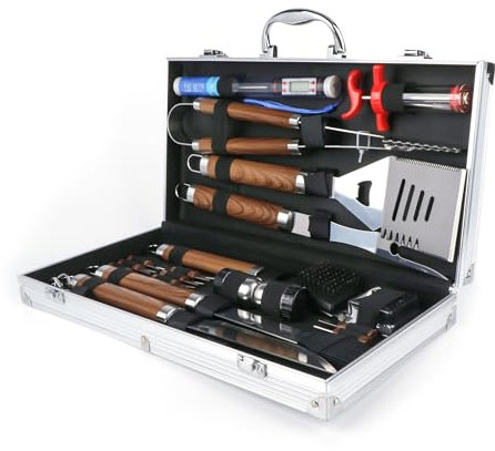 Accesorios completos para Barbacoa de Acero Inoxidable y Mango de Madera en practico y Elegante maletín de Aluminio. Set de 24 Utensilios para Barbacoa al Aire Libre.