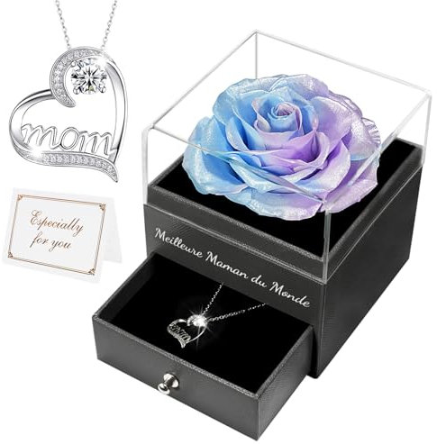 Miofula Rose Eternelle Cadeau Maman, Fleur Eternelle avec Bijoux Argent 925, Collier Femme Cadeau Anniversaire Maman, Coffret Cadeaux Femme Original, Meilleure Maman du Monde Cadeaux Noel