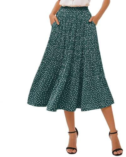 Timuspo Plissee Rock Damen Midi mit Taschen A Linie Skirt Elastischer Bund Langer Röcke Polka-Dots Sommerrock Lang Grün M