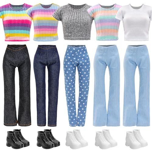 Festfun 15 Kleidung für Puppen Fashion Puppenkleidung enthält 5 Oberteile T-Shirt Outfits Kleidung 5 Hosen 5 Schuhe für 11,5 Zoll 30 cm Mädchen Puppen