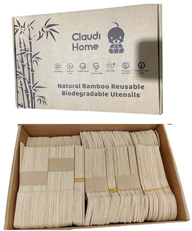 XL 300 Besteck-Set, Bambus, umweltfreundlich, kompostierbar, wiederverwendbar. Kein Holz Geshmack – 100 Gäste (Gabel 16cm/Messer 16cm/Dessertlöffel 14cm). Picknick, Grill, Party @Claudi Home