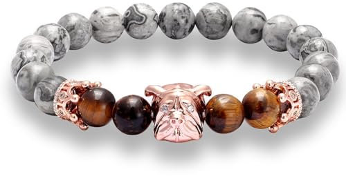 SMTSEC 8mm Kartenstein Perlen ArmbandRoségold Mops Charm Armreif Natürliches Tigerauge Stretch Armband Modische Krone Glücksarmband für Männer und Frauen Naturstein Perlen Armband