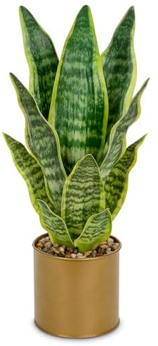 Oairse 44cm Artificial Snake Plant in Gold Metal Pots Fake Plants Potted Decorative Faux Sansevieria Plant Artificial Plants Indoor for Home Bathroom Kitchen Bedroom Office Decoration