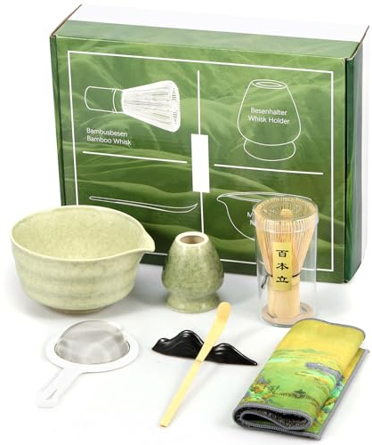 Service à thé matcha japonais 7 pièces avec bol en céramique, fouet à thé, support de fouet à thé, cuillère à thé, porte-cuillère à thé, passoire, torchon, parfait pour la fabrication de thé matcha