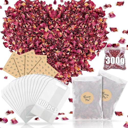 Mbsomnus Pétales à Jeter Mariage 300g Naturelles Fleurs Séchées avec 100 Sacs de Confettis en Verre, 100 Autocollants Confettis Biodégradables pour Table Anniversaire