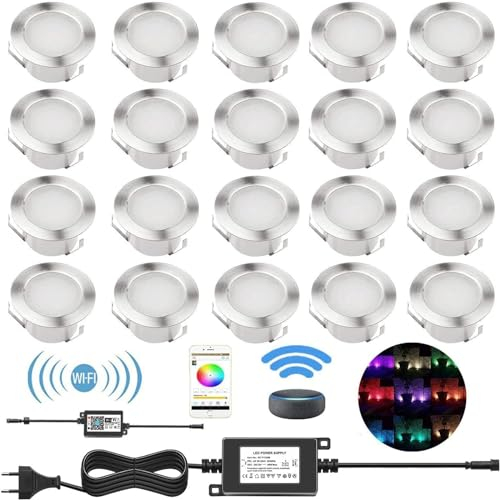 DarisingSun 20er Set WIFI LED Bodeneinbauleuchten Außen RGB Ø45mm LED Einbaustrahler Kompatibel mit Amazon Alexa, Google Home, IP67 Wasserdicht Terrassen Einbauleuchten Außen für Küche Garten Gehweg