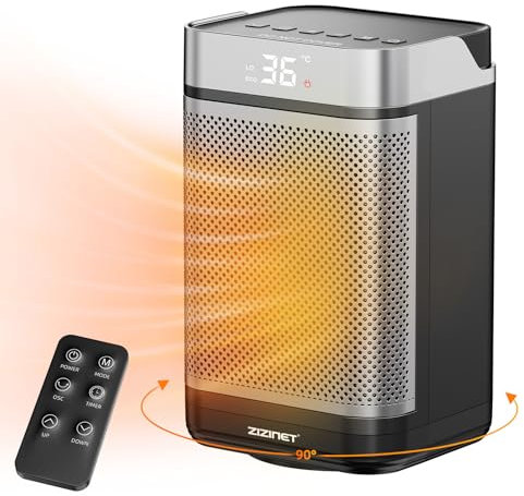 ZIZINET Electric Heater, 90°Oscillation Space Heater Energy Efficient PTC Ceramic with 3 Mode & Energy Saving-ECO-Mode,Overheating & Tip Over Protection,12H Timer,Remote Control,1500w Heaters for Home