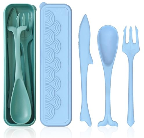 Loyzcy Juego de cubiertos de camping, cubiertos de plástico, cubiertos de viaje con temática océana, juego de cubiertos con estuche, cuchillo de cuchara de plástico y tenedor para picnic