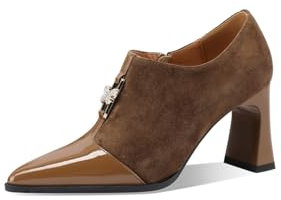 TinaCus Suede & Patent Leather Women's Pointed Toe Handmade Mid Heels Zip up Pumps Shoes with Butterfly, Brown, 5