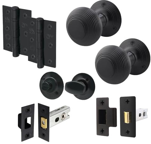 EAI Beehive Reeded Black Door Knob Set | 1 Pair of Matt Black Mortice Knobs (55mm), Latch & Deadbolt Kit (76mm), Hinges (76mm) & Turn & Release for Internal Doors