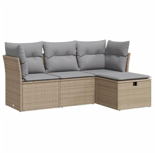 vidaXL 4-TLG. Garten-Sofagarnitur mit Kissen Beige Poly Rattan, Outdoor Sofa Set, Outdoor Sofagarnitur, Garten-Lounge-Set, Garten Sofagarnitur