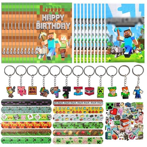KEVRDRT 94 Pcs Jeux vidéo Cadeau Anniversaire Enfants, Cadeaux Fête Enfants Jeux, Jeu Vidéo Fête Anniversaire Cadeau, Porte-clés Autocollants Bracelet Claque Sac Cadeau pour Miner Party Faveurs