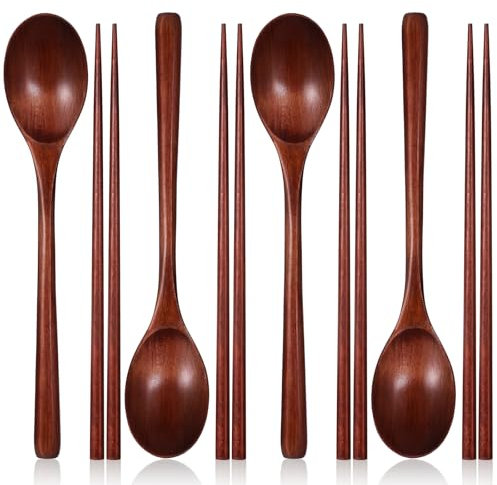 4 Paar Essstäbchen und 4 Löffel Set Holz Essstäbchen Löffel Holz Flach Essstäbchen Löffel Set für Zuhause Küche oder Restaurant