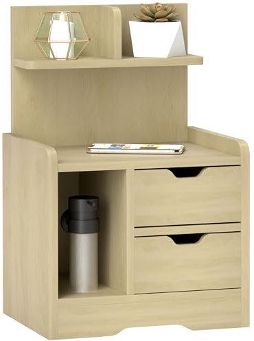 HOMCOM Nachttisch, Beistelltisch mit 2 Schubladen, offenes Fach, Nachtschrank, Nachtkommode für Schlafzimmer, Wohnzimmer, Naturholz, 40 x 30 x 60 cm