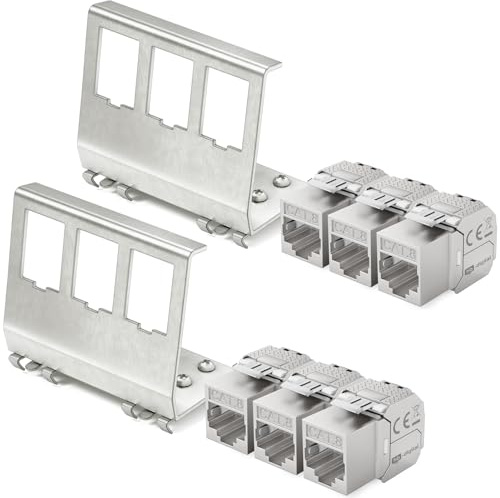 hb-digital Set: 6X CAT.8 Keystone RJ45 Modul + 2X Hutschienenadapter Metall Keystone-Halterung für Hutschiene 35mm Standard | RJ45-Jack geschirmt Edelstahl LSA Montage Ethernet LAN Netzwerk Switch
