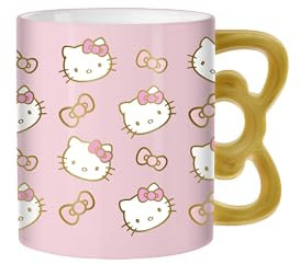 Silver Buffalo Hello Kitty Gold and Pink Faces and Bows Foil 20oz Electroplate Shaped Handle Ceramic Mug