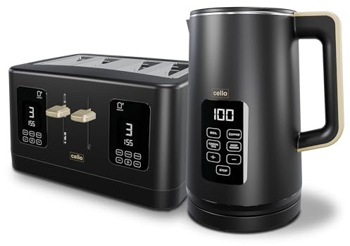 Black 1600W 4 Slice Toaster, 1.7L 3000W Digital Kettle | Toaster with Detachable Crumb Tray, Digital Control Panel with Countdown Timer, BPA-Free Auto Shut-off Electric Temperature Control Kettle