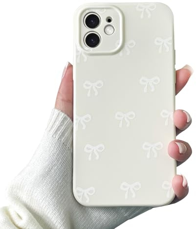 VCGFJD Case for iPhone 12, Cute Ribbon Bow Pattern, Stylish Simple Phone Case, Raised Lens Edge Protection, Aesthetic Bowknot Slim Soft TPU Durable Protective Cover for iPhone 12 - White