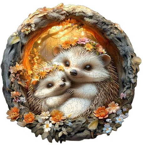 Individz Holzpuzzle für Erwachsene, Einzigartige Tierförmige Eltern-Kind-Igel Wooden Puzzle, Geburtstagsgeschenk Familie Freunde (L-34 * 34cm-290 Stück)