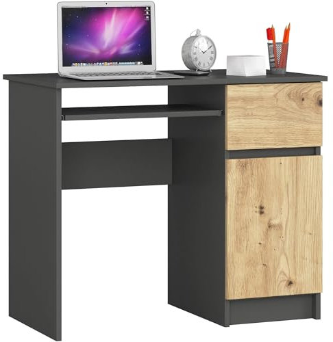 Escritorio de ordenador PIKSEL Gris Grafito 90 cm con lado derecho 1 puerta 1 cajón frente en color Roble Artisan 90x50x77 cm