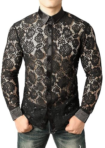 RUMAOZIA Hemd Spitze Herren Transparent Unterhemd Blumen Button Down Langarm Freizeit Hemd Karneval Spitzenhemd Muskelshirt Männer Nachtwäsche Dessous Retro Hemden Mittelalter Langarmhemd