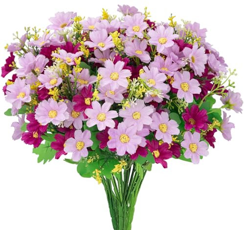 OWLKELA Rose Red Artificial Daisy Flowers, 6 Bundles Decorative Artificial Flower for Indoor & Outdoor, UV Resistant Fake Flowers for Vase, Grave, Garden