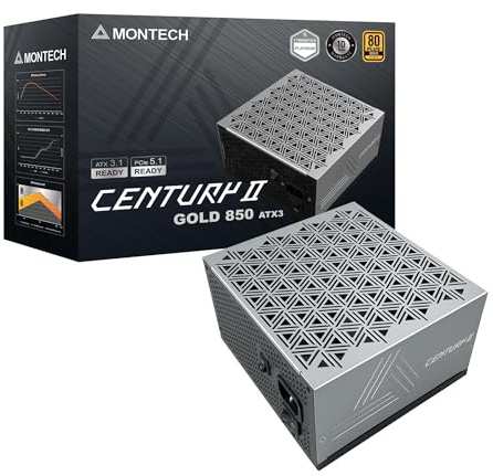 MONTECH Century II - Fuente de alimentación ATX de Alta Gama 850 W - 80 Plus Gold & Cybenetics Platinum - Totalmente Modular - ATX 3.1 y PCIe 5.1 Listo con Cable de 12 V-2 x 6 - Garantía de 10 años