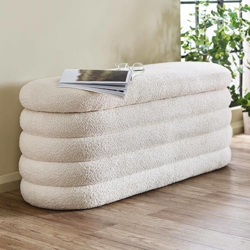 Julian Bowen Hailey Storage Ottoman, Bouclé, Ivory - H50 x W121 x D40cm | Contemporary Storage Seat for Hallway or Bedroom, Soft Boucle, No Assembly Needed, Easy-Lift Ottoman Storage