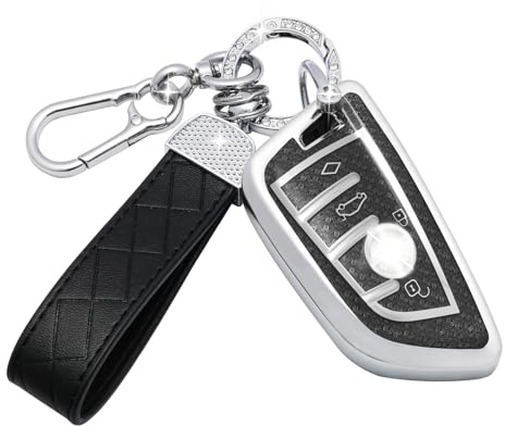 SparkleJoy Autoschlüssel Hülle Leder-Schlüsselanhänger für BMW 4-Tasten | Schwarz Schlüsselhülle für BMW Serie 1/2/3/4/5 1er 2er 3er 4er 5er X1 X2 X3 X4 X5 X6 F15 F16 F44 F48 F49 F85 F86 Schlüssel