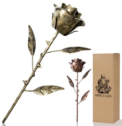 UIDMEN Personalized Metal Rose, 8th & 19th Anniversary Wedding Gift for Her/Him/Wife/Husband/Couples, Custom Bronze Flowers with Date or Initial, Everlasting Rose Gift for Birthday, Christmas, Wedding